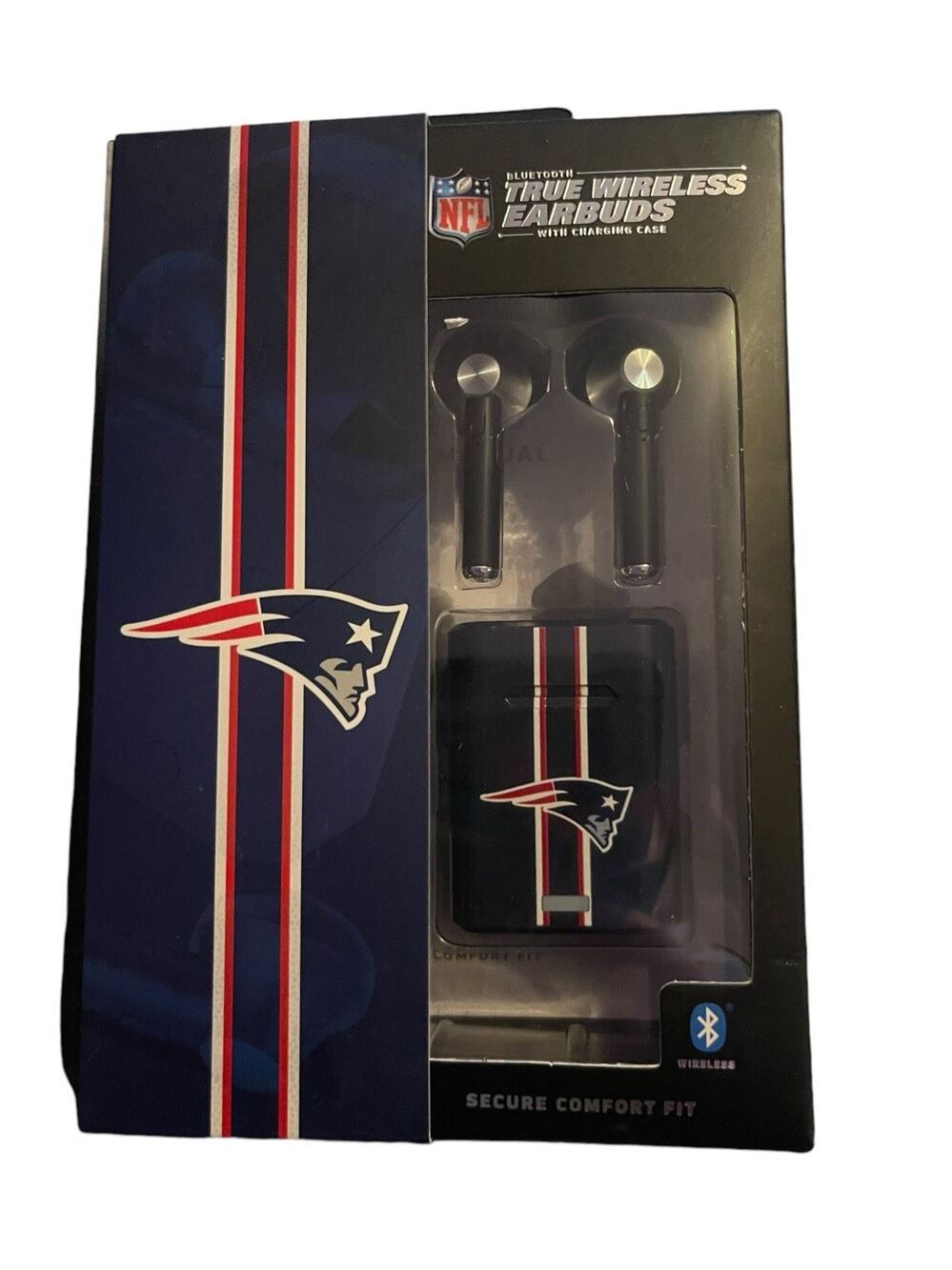 NFL Bluetooth Wireless Earbuds with Charging Case Patriots Logo Black and Navy